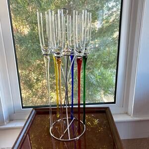 Vintage Hand Blown Champagne Flutes Set with Colored Stems & Metal Holder